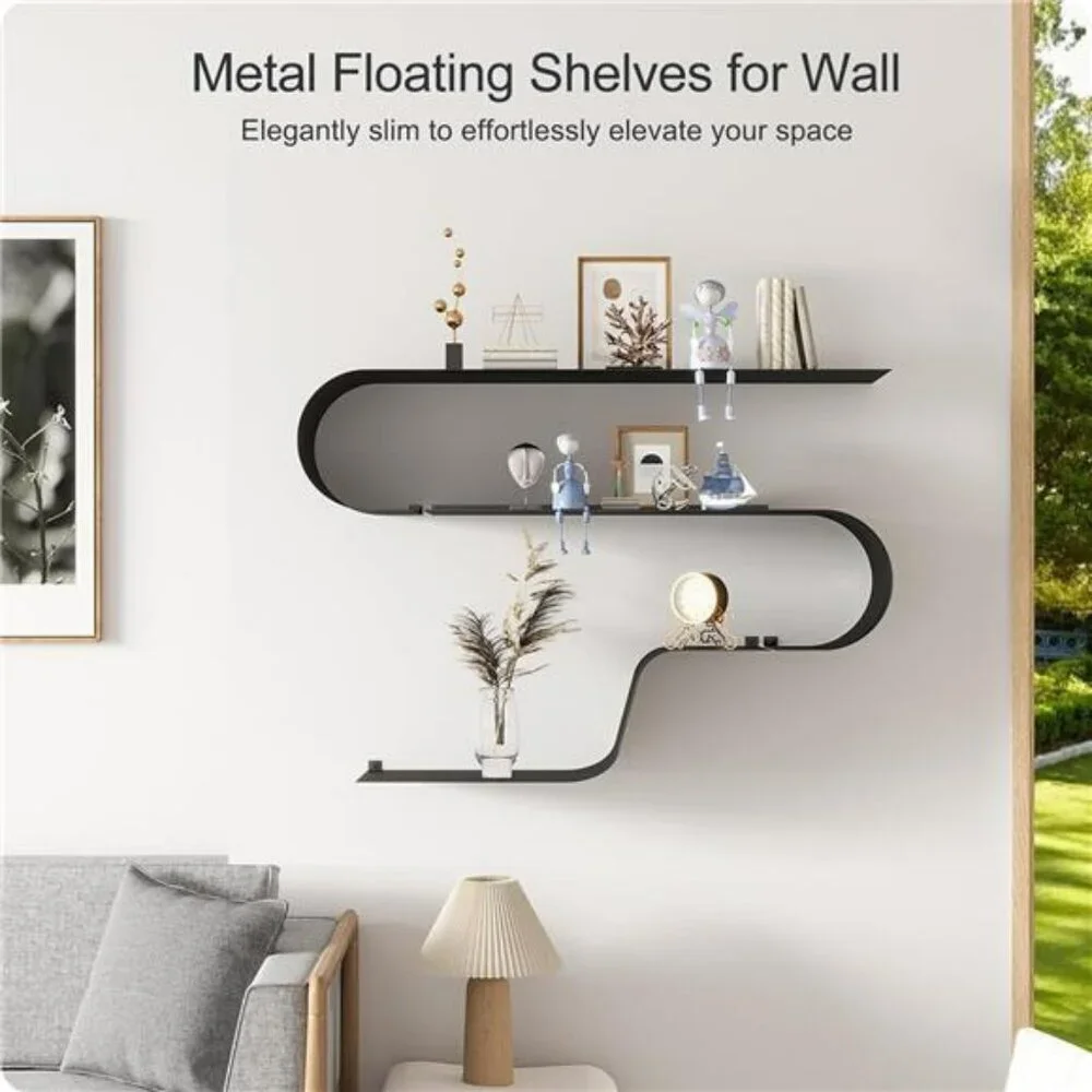 Black Metal Floating Shelves Set of 3 Wall Mounted Shelf for Home Decor